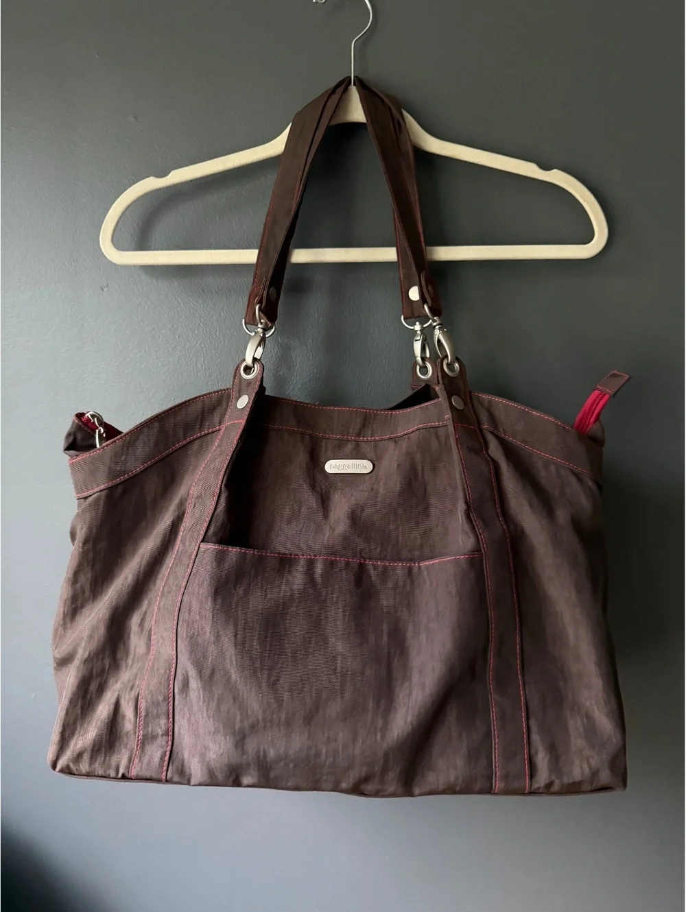 Baggallini Brown Tote Bag with Red Stitching and Front Pocket